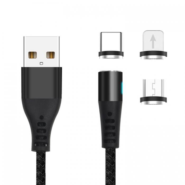 Maxlife - Maxlife Magnetisk USB-A till USB-C, Lightning, microUSB kabel 1m