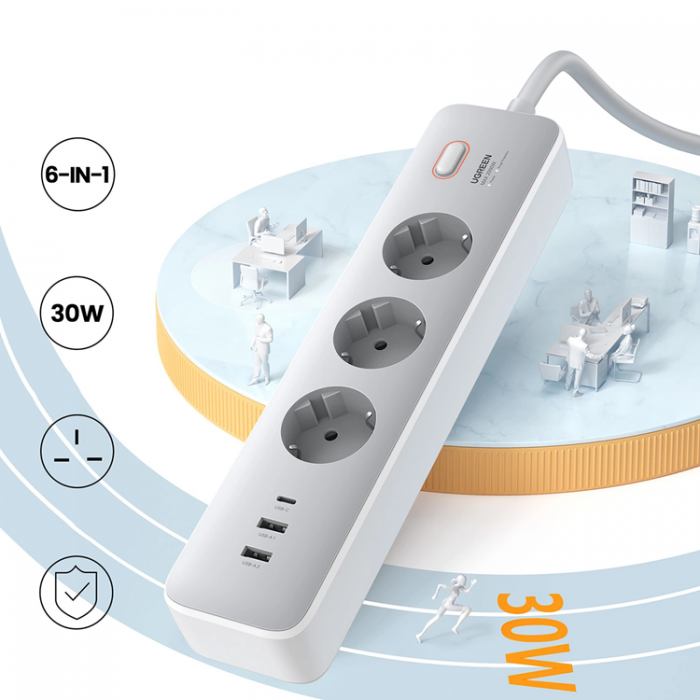 Ugreen - Ugreen Frlngningskabel 30W Med Strmbrytare 3xAC 1xUSB-C 2xUSB-A - Vit