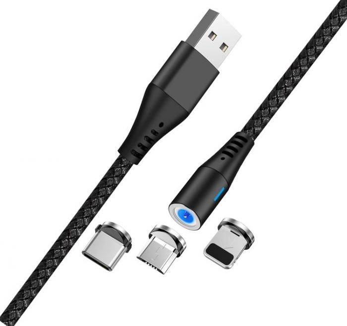 Maxlife - Maxlife Magnetisk USB-A till USB-C, Lightning, microUSB kabel 1m