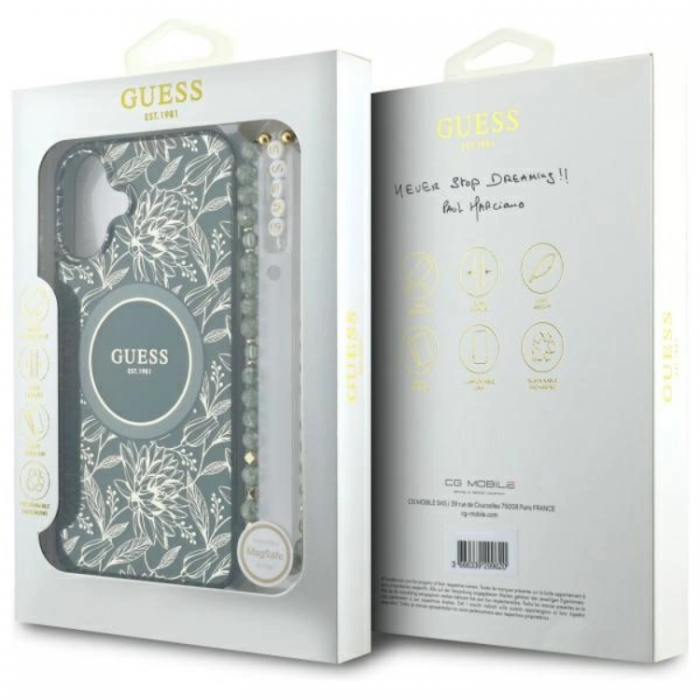 Guess - Guess iPhone 16 Plus Mobilskal MagSafe IML Flowers Med Strap - Grn