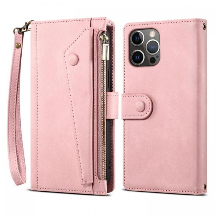 A-One Brand - iPhone 14 Pro Plnboksfodral Flap Zipper Strap - Rosa