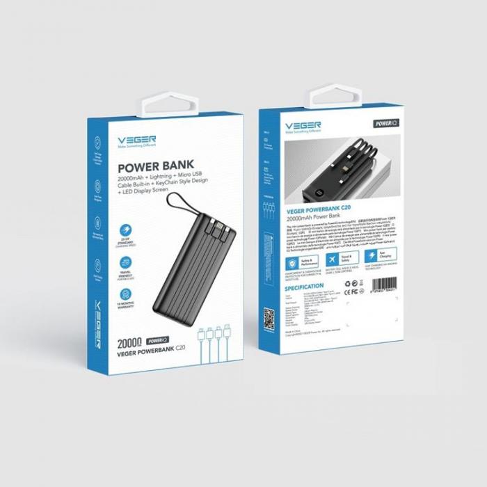 Veger - VEGER Powerbank 20000 mAh med Lightning/Typ-C/Micro-USB Kablar C20