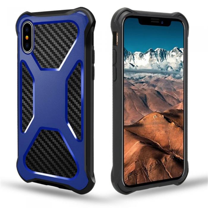 A-One Brand - Carbon Fiber Texture 2-in-1 mobilskal med bltesfodral iPhone XS / X - Bl