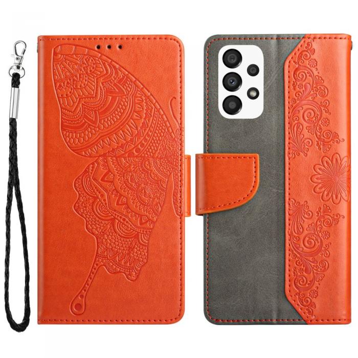 A-One Brand - Butterfly Flower Imprinted Plnboksfodral Galaxy A53 5G - Orange