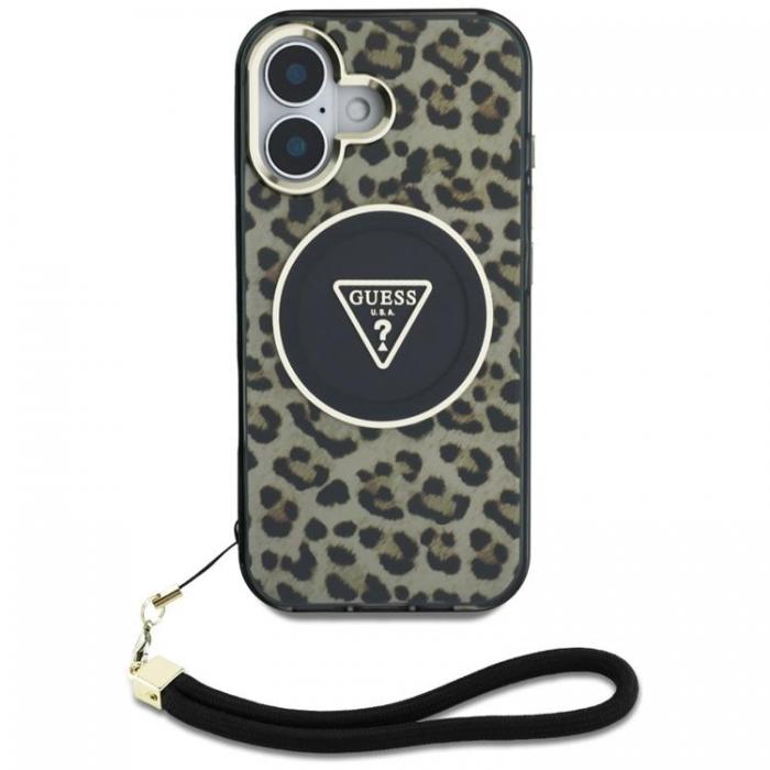 Guess - Guess iPhone 16 Mobilskal MagSafe IML Leopard Triangle Cord Strap - Brun