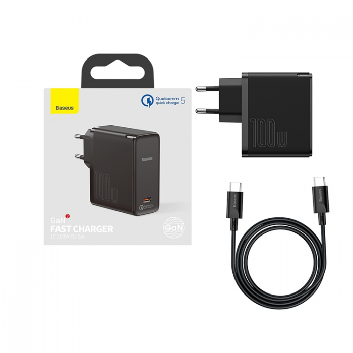 BASEUS - Baseus GaN2 Vggladdare 100W + USB-C Kabel - Svart