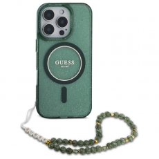 Guess - Guess iPhone 16 Pro Max Mobilskal MagSafe IML Glitter Med Strap - Grön