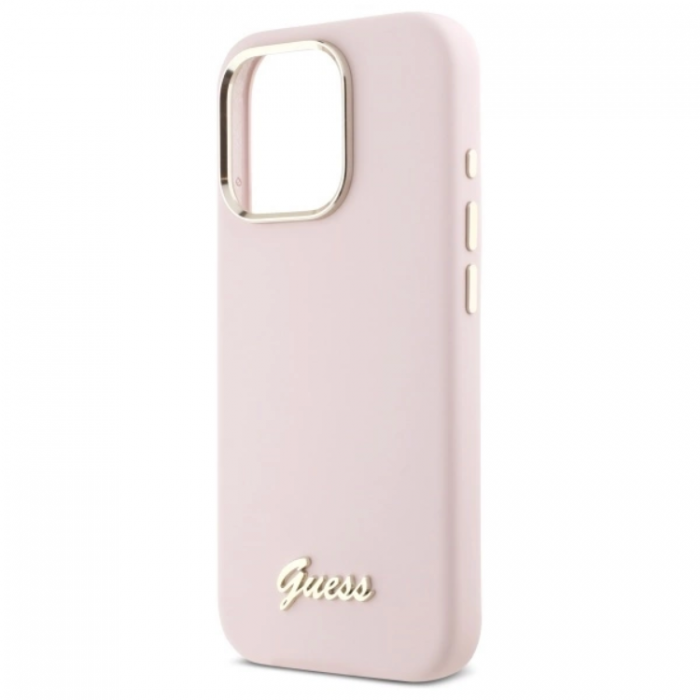 Guess - Guess iPhone 16 Pro Max Mobilskal Silikon Script Metal Logo - Rosa