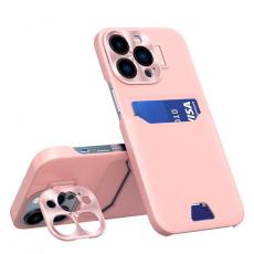 A-One Brand - iPhone 14 Pro Max Skal Korthållare Läder Kickstand - Rosa