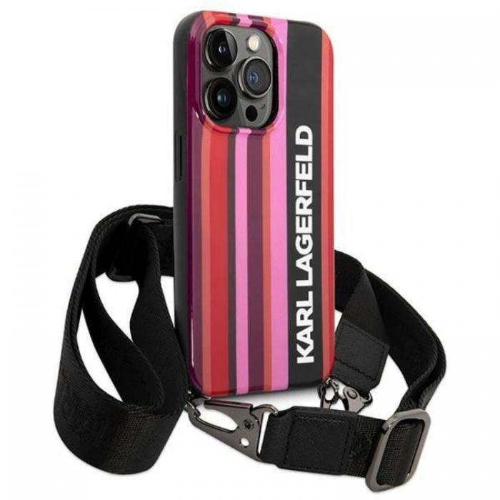 KARL LAGERFELD - Karl Lagerfeld iPhone 14 Pro Skal med halsband Stripes Strap - Rosa