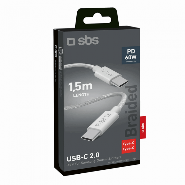 SBS - SBS USB-C - USB-C Kabel 1.5m 60W Braided - Vit