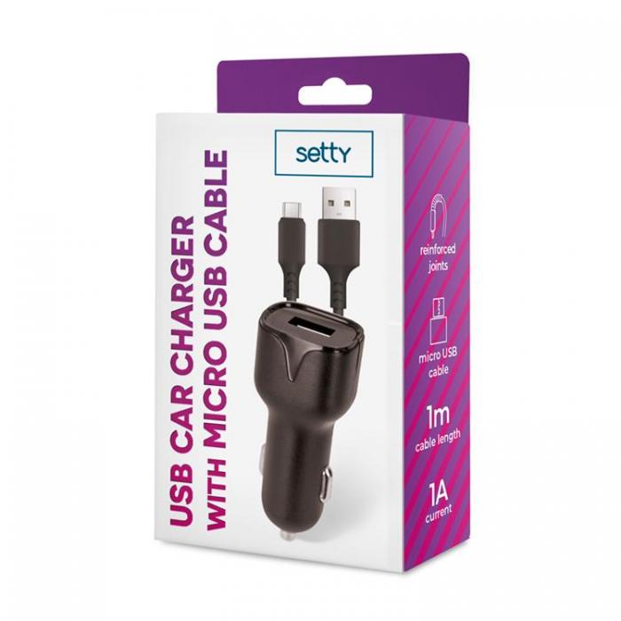 Setty - Setty Billaddare 1x USB 1A Med Micro-USB Kabel 1m - Svart