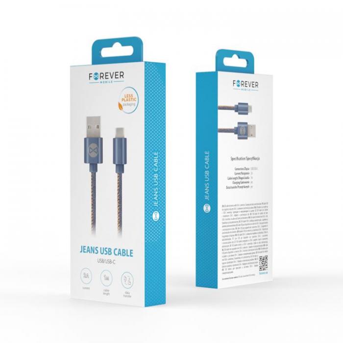 Forever - Forever USB Till USB-C Kabel 1m 2A Jeans - Bl