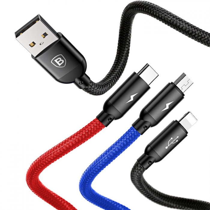 BASEUS - Baseus 3in1 USB-A till USB-C, Lightning, microUSB kabel 3.5A 0.3m