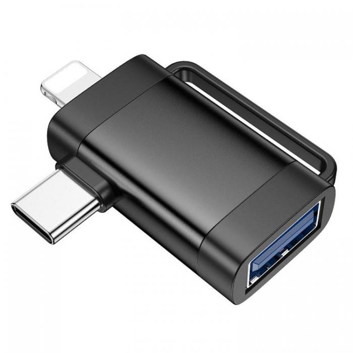 Hoco - Hoco 2in1 Adapter OTG USB-A till Lightning/USB-C UA31F - Svart