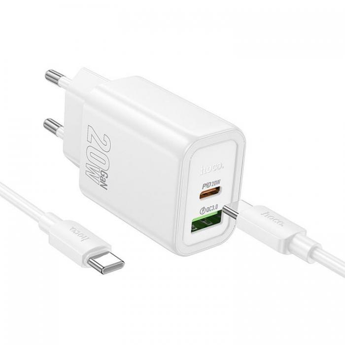 Hoco - HOCO Vggladdare USB/USB-C 20W USB-C/USB-C Kabel N61 PD QC Vit