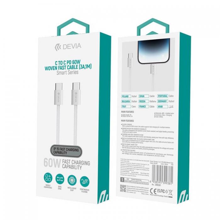 Devia - Devia USB-C Till USB-C 60W 1m Kabel 3A Smart EC325 PD - Vit