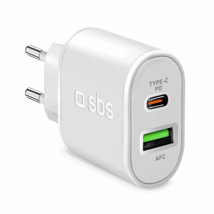 SBS - SBS Snabbladdare 20W USB-A USB-C med PD - Vit