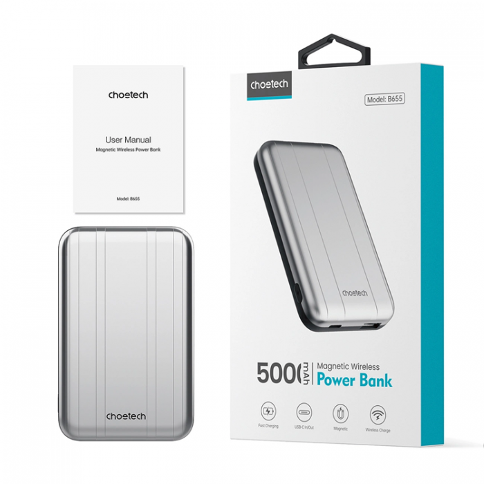 Choetech - Choetech Mini Trdls Powerbank 5000mAh Magnetisk - Silver