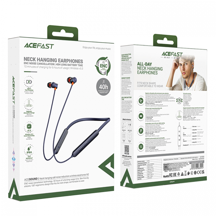 Acefast - Acefast In-Ear Hrlurar Trdlsa Bluetooth 5.3 ENC Halslinning - Bl