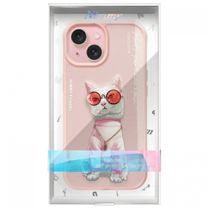 NIMMY - Nimmy iPhone 15 Mobilskal Glasses Cool Cat - Rosa