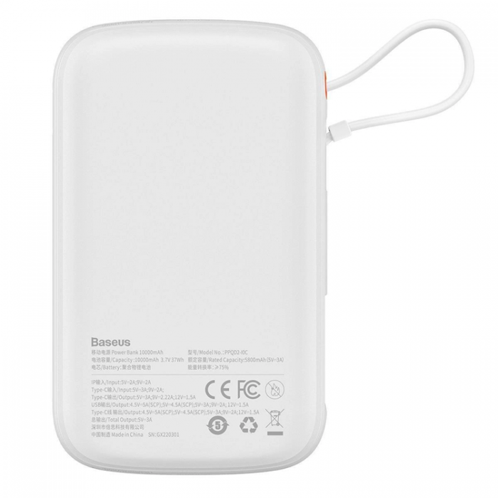 BASEUS - Baseus Powerbank Qpow 10000mAh 22.5W med Inbyggd USB-C Kabel - Vit