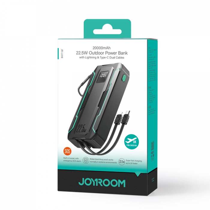 Joyroom - Joyroom Powerbank 20000mAh 22.5W Med Built-in Kabels - Svart