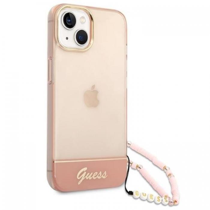 Guess - GUESS iPhone 14 Plus Skal Translucent Pearl Strap - Rosa