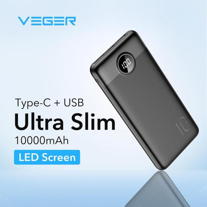 Veger - Veger Powerbank 10000 mAh PD QC 3.0 2A 20W L10S - Svart