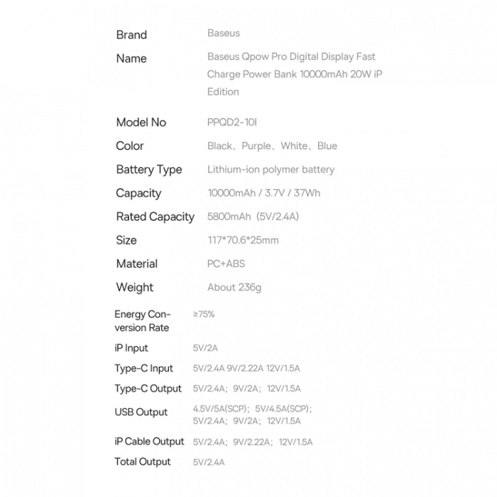 BASEUS - Baseus Powerbank Qpow 10000mAh 20W med Inbyggd Lightning Kabel - Svart