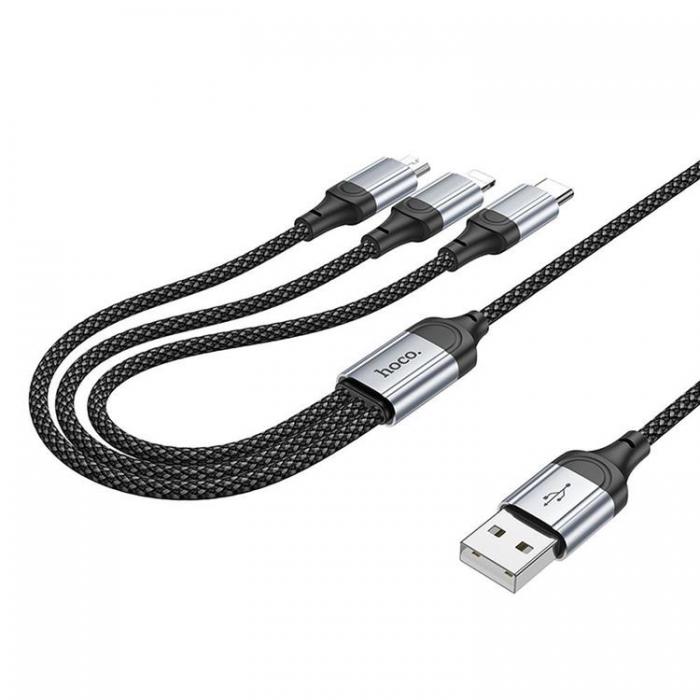 Hoco - Hoco 3in1 USB-A till Lightning, USB-C, Micro-USB Kabel 2.4A 1m X102 - Svart