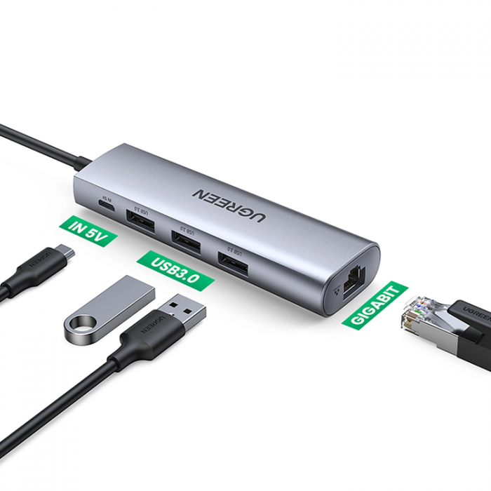 Ugreen - Ugreen 5in1 HUB USB-A Till 1xMicro-USB 1xRJ45 3xUSB-A 3.0 - Gr