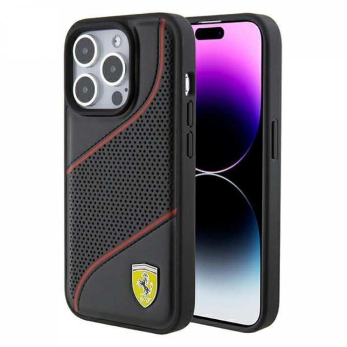 Ferrari - Ferrari iPhone 15 Pro Mobilskal Perforated Waves Metal Logo - Svart