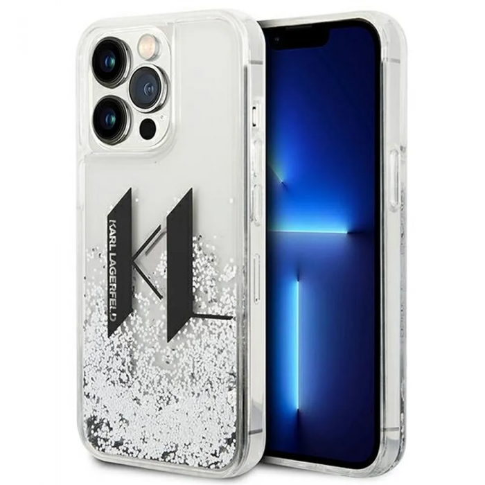 KARL LAGERFELD - Karl Lagerfeld iPhone 14 Pro Max Skal Liguid Glitter Big KL Logo - Silver