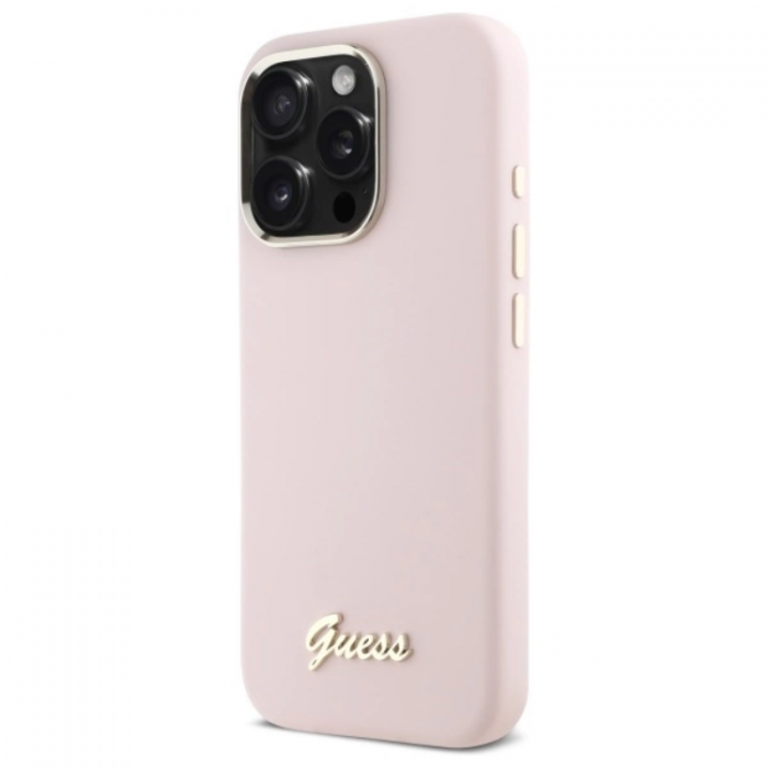 Guess - Guess iPhone 16 Pro Max Mobilskal Silikon Script Metal Logo - Rosa