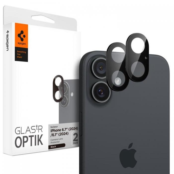 Spigen - [2-Pack] Spigen iPhone 16/16 Plus Kameralinsskydd Hrdat glas Optik Pro - Svart