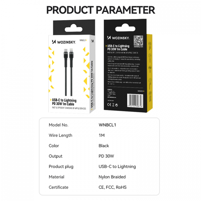 Wozinsky - Wozinsky USB-C till Lightning kabel PD 30W 1m - Svart