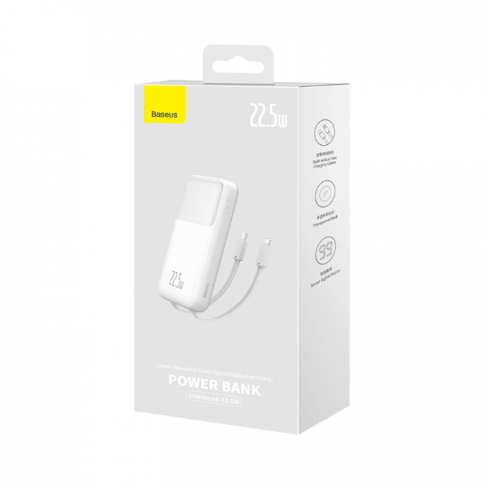 BASEUS - Baseus Powerbank 10000mAh 22.5W Med Kabel - Vit