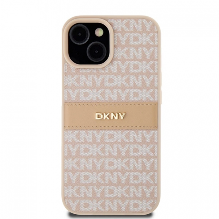 DKNY - DKNY iPhone 15/14/13 Mobilskal Lder Mono Stripe & Metal Logo - Rosa