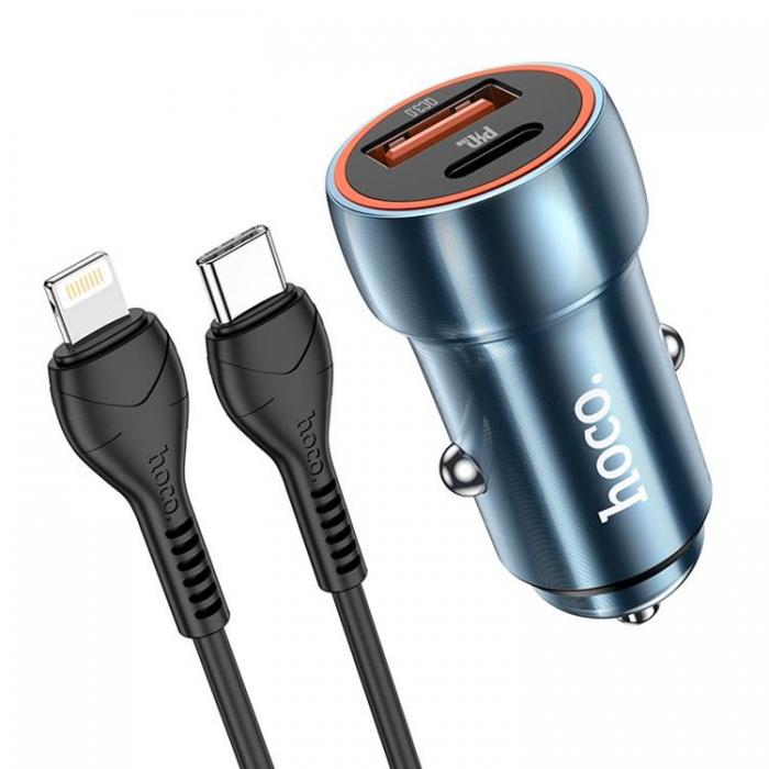 Hoco - Hoco Billaddare 20W USB-A/Typ-C + Kabel Typ-C Till Lightning - Safirbl