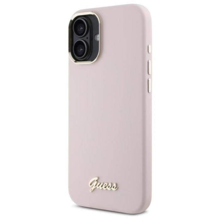 Guess - Guess iPhone 16 Plus Mobilskal Silikon Script Metal Logo - Rosa