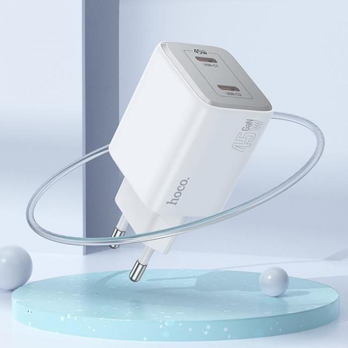 Hoco - Hoco Vggladdare 2xUSB-C 45W + Lightning Kabel GaN N42 - Vit