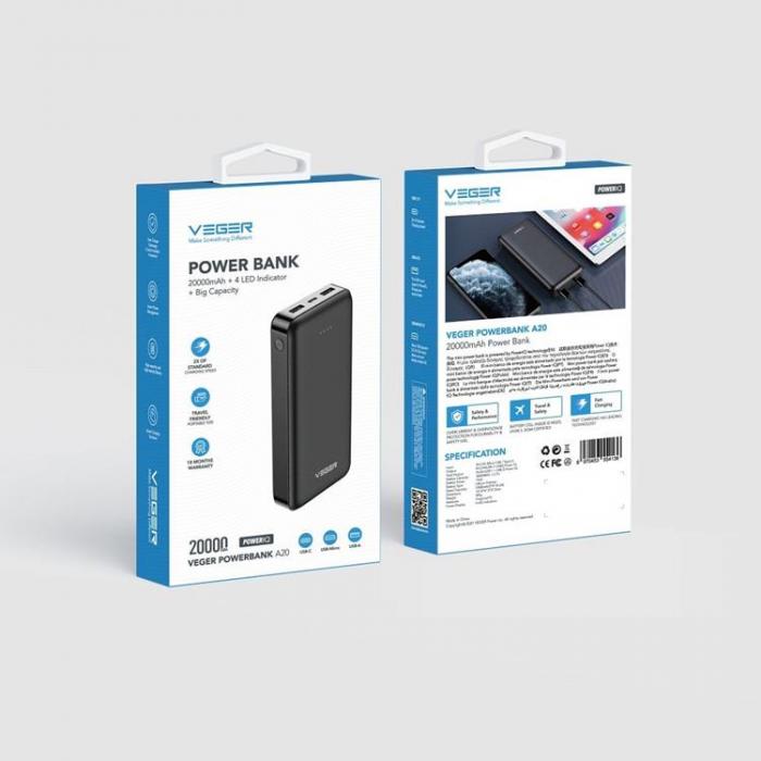 Veger - VEGER Powerbank 20000 mAh 2A A20 - Svart