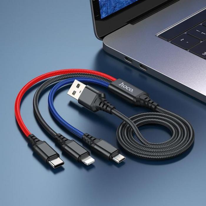 Hoco - Hoco 3in1 USB-A till USB-C, Lightning, microUSB kabel 1m