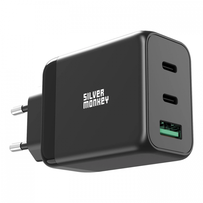 Silver Monkey - Silver Monkey GaN 65W Vggladdare 2x USB-C PD 1x USB-A QC 3.0