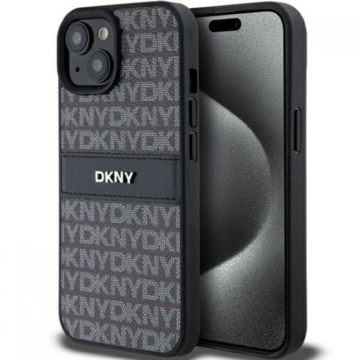 DKNY - DKNY iPhone 15/14 Plus Mobilskal Lder Mono Stripe & Metal Logo