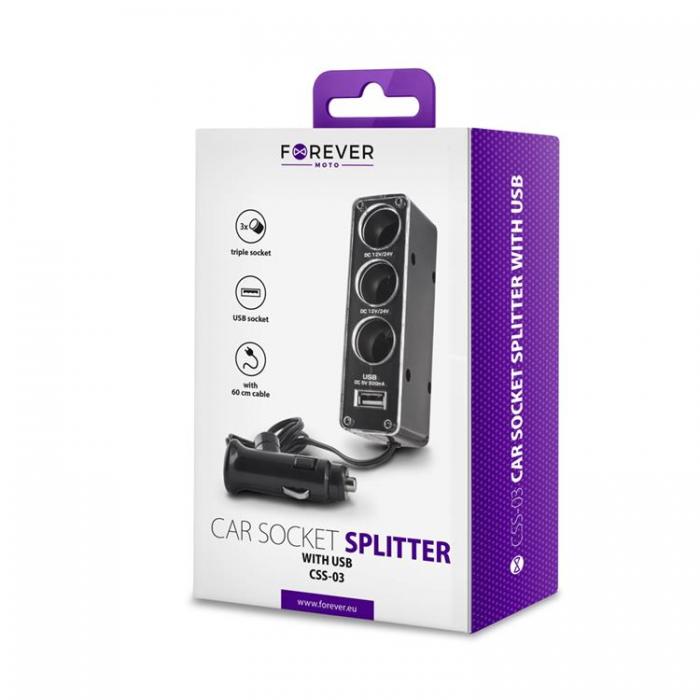 Forever - Forever 3in1 Billaddare USB Socket Splitter - Svart