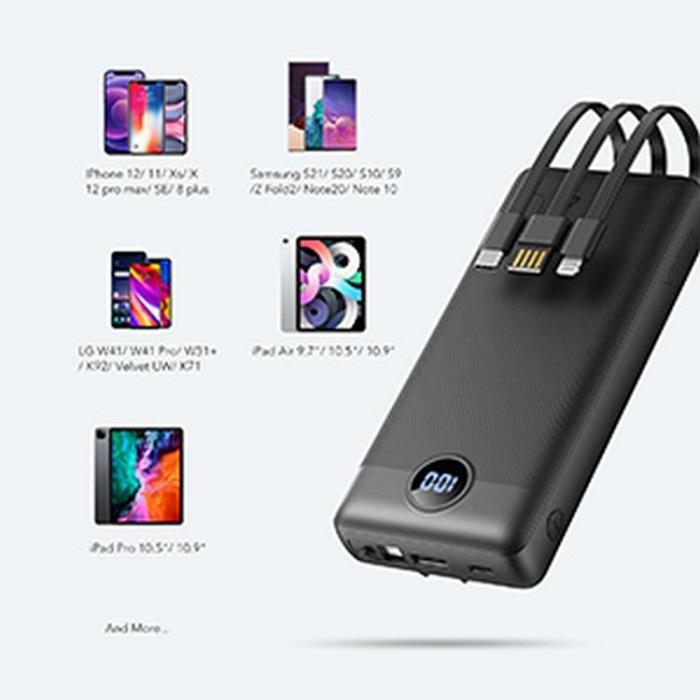 Veger - VEGER Powerbank 20000 mAh med Lightning/Typ-C/Micro-USB Kablar C20