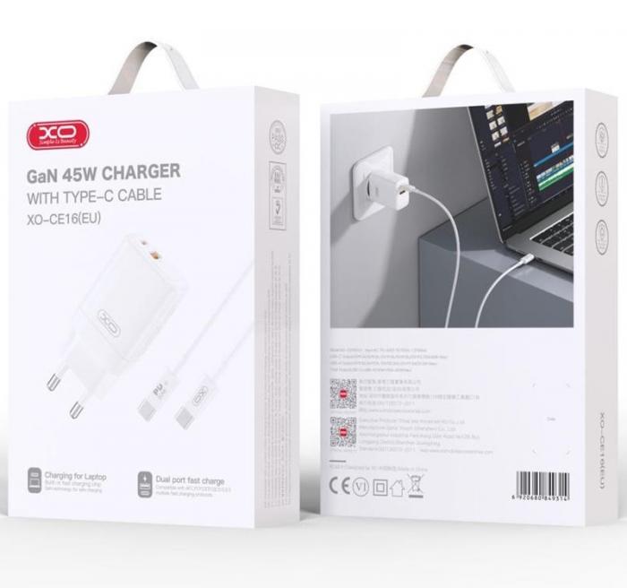 XO - XO Snabbladdare 45W USB Till USB-C med Kabel CE16 PD - Vit