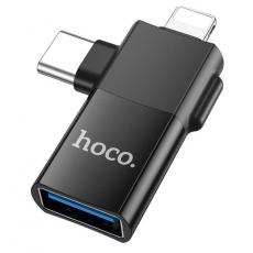 Hoco - Hoco 2in1 OTG Adapter Type-C/Lightning till USB-A UA17 - Svart